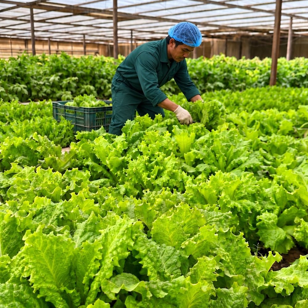 A Techno Farm worker in uniform, hairnet and gloves hand-harvesting organic lettuce inside a shaded greenhouse