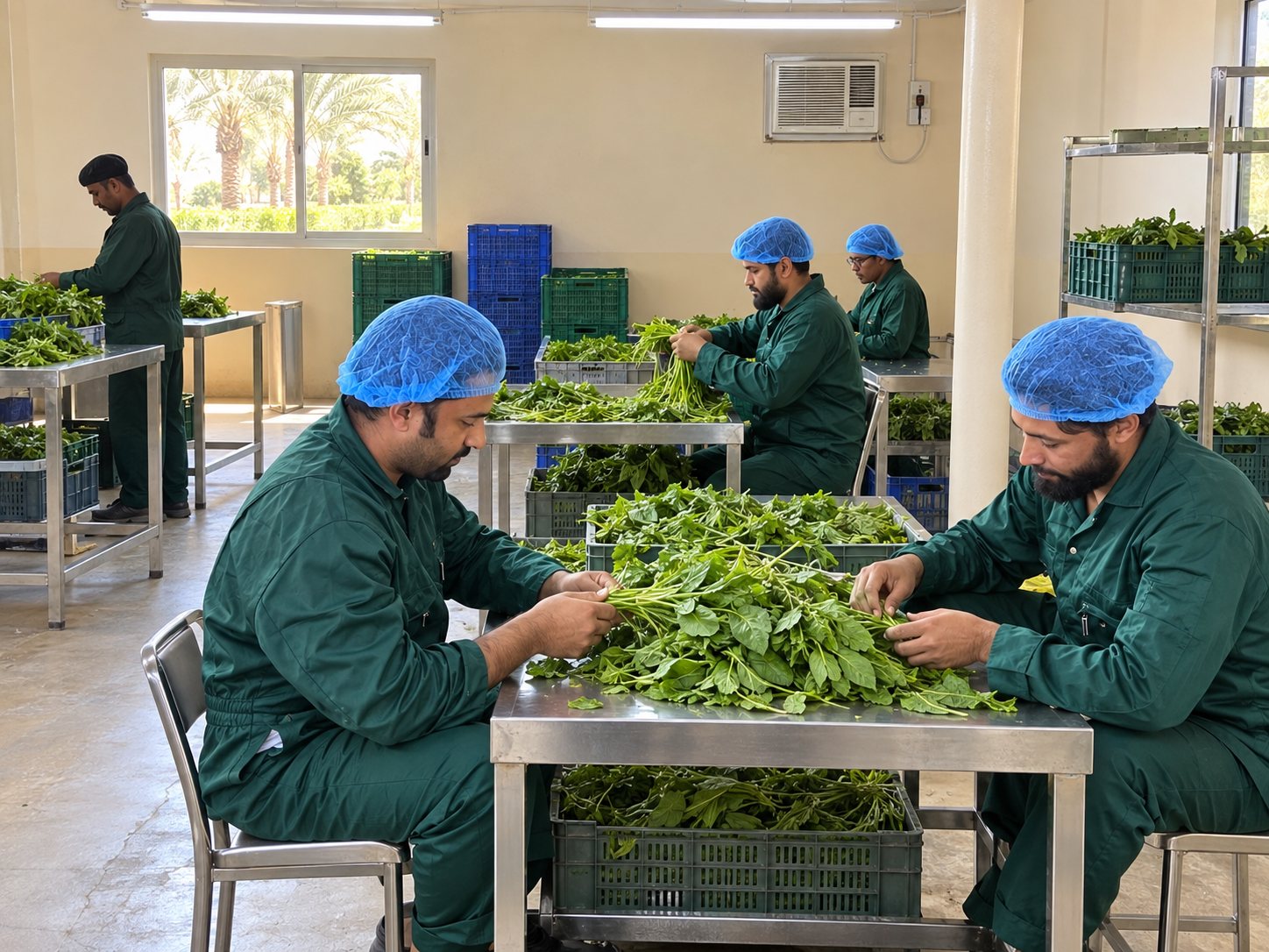 Techno Farm team in green uniforms and hairnets sorting and bunching fresh leafy greens in the packing room